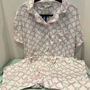 Super Soft Green Trellis and Pink Bows Pajama Set- Size Adult Large- NWT